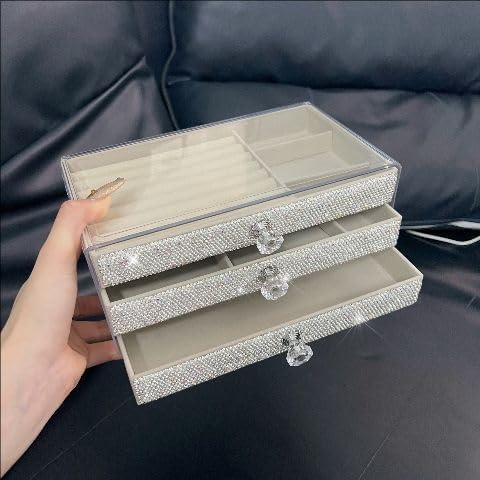 Rhinestone Three Layer Velvet Jewelry Storage Box Transparent Earring Jewelry Organizer Ring Display Jewelry Box Dust Proof Case Gift for Sister's mom teacher