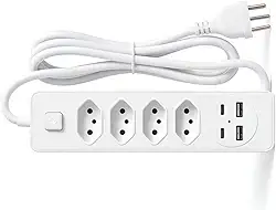 Filtro de Linha Multifuncional 4 Tomadas Espaçadas | 2 USB + 2 Tipo-C | Bivolt | Antichamas & Carregamento Rápido 2.4A