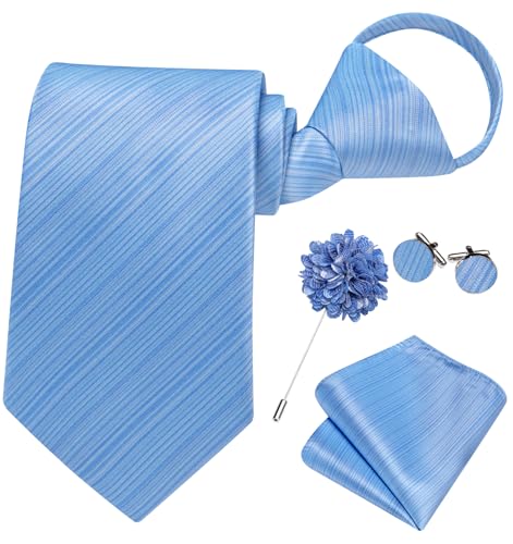 Image of Hi-Tie Sky Blue Zipper Ties for Men Striped Adjustable Pre-Tied Necktie Lapel Pin Pocket Square Cufflinks Set