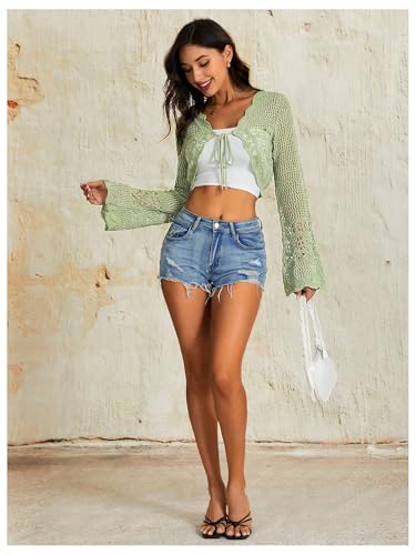 Image of OYOANGLE Women's Crochet Tie Front Sweater Cardigans Bell Sleeve Knitted Cropped Bolero Shrug Cardigan