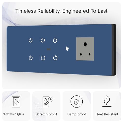 Image of IOTICS Smart Wifi Switch Board: 6 x Switch & 1 x Smart Plug Module. Touch Control, Remote, App Control. Voice Control with Alexa & Assistant. Smart Touch Switch For Home Automation (Blue)
