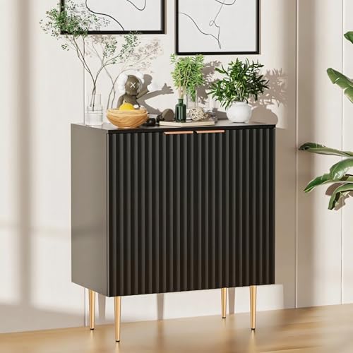 Image of Floated Panel Wooden Sideboard Cabinet | 2 Door Storage Unit with Metal Legs | Premium HDMR Wood Console Cabinet for Living Room, Kitchen & Dining | DIY Leg Assembly | Black