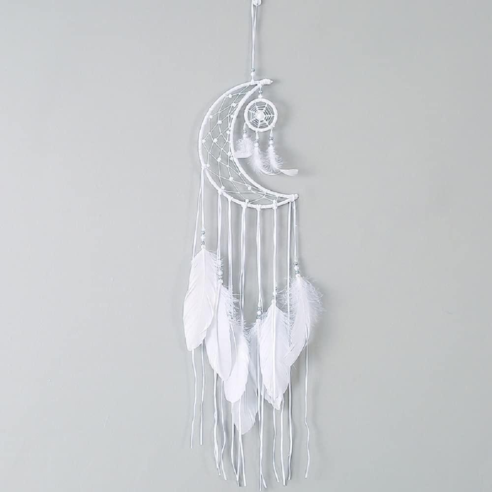 DEGY Dreamcatcher, Vintage Home Decor Capteur de Rêves, Tapisserie Murale Lune Attrape-rêves Tricoté en Coton avec Glands Décorations, Attrape-rêves avec Plumes, Ornement Suspendue Chambre(Blanc)