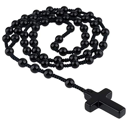 Nupuyai Natural Gemstone Cross Stone Pendant Necklace Amulet Healing Crystal Beads Long Braided Necklace for Women Men