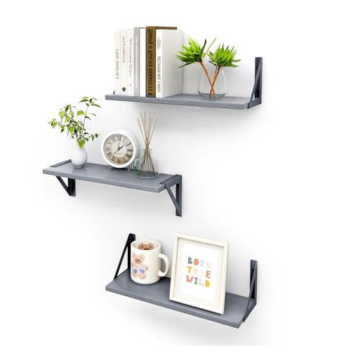 Image of Trintion Floating Shelves Set of 3 Rustic Mounted Shelf, Wall Shelves for Room Decor, Bedroom, Living Room, Kitchen, Bathroom, Office (Grey)