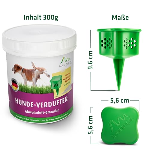 GARDIGO® Hundeschreck Granulat inklusive Beet-Stecker | 300g | Hundeschreck Garten mit Eukalyptus Citriodora Öl I Made in Germany I Hundeabwehr für Haus und Garten | Hundevertreiber