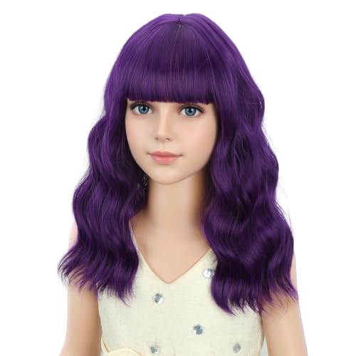 Image of PATTNIUM Child Dark Purple Wig Kids Purple Wig with Bangs Short Wavy Curly Girls Synthetic Cosplay Halloween Party Costume Hair Wigs