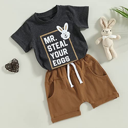 Adobabirl Easter Baby Boy Outfit Mr Steal Your Eggs Bunny Tshirt Solid Shorts Set Toddler Boy Easter Outfit Summer Clothes (D Easter Bunny Outfit Grey,18-24 Months) #TOP1