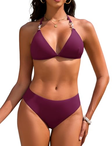 Vijamiy Bikini Donna Costumi da Bagno Triangolo Costume Donna Mare Due Pezzi Push Up Sexy Halter Bikini Set Imbottito Regolabili Swimsuit Tankini Swimwear(Rosso Porpora,M)