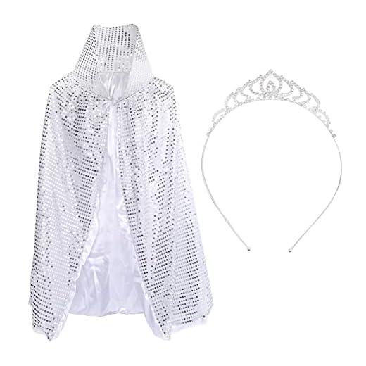 Halloween Cape Stand Collar Sequin Cape Queen King Cloak Magic Cosplay Robe,Silver