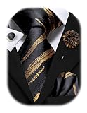 Hi-Tie Mens Tie Pocket Square Set Cufflinks Lapel Pin Silk Ties for Men Wedding Party Formal Business,Black Gold Stripe
