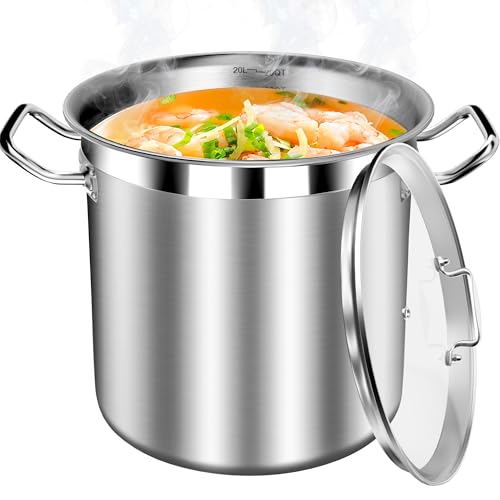 STOCKPOT Stainless Steel 20 Quart Stockpot with Tempered Glass Lid, 3-Ply Base, 8.8 lbs, Polished Finish, Suitable for Stovetop and Oven