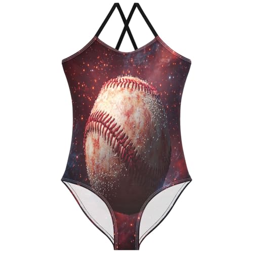 Pigsaly Girls One Piece Swimsuits Red Fire Galaxy Space Stars Red Lace Stitches Baseball Kids Cross Back Swimwear 3T