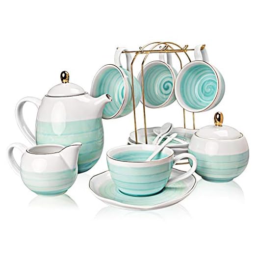SWEEJAR Porcelain Tea Sets,8 oz Cups and Saucer Teaspoon Set of 4, with Teapot Sugar Bowl Cream Pitcher and Tea Strainer for Tea/Coffee,Afternoon Tea Party (Blue)