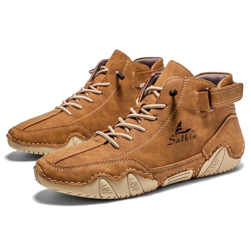 Men's Chukka Boots Non Slip Ankle Boots Leather Casual Boots for Men Slip on Lightweight Loafers Walking Driving Shoes Gold3