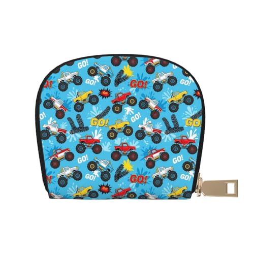 Monster truck cars blue Leather Credit Card Holder Zipper Wallet for Unisex