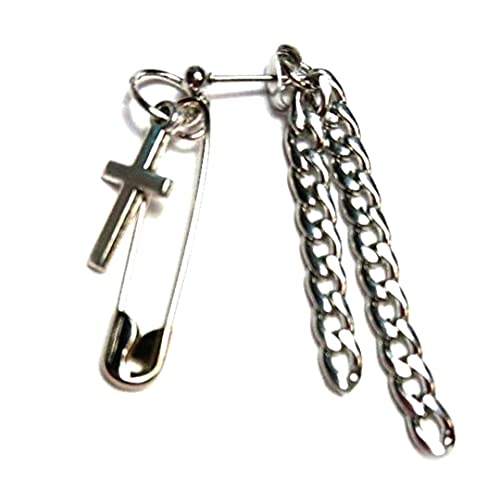 H613(SHOUT RUE) 十字架×安全ピン×チェーン チタン キャッチ ピアス 片耳(1個)