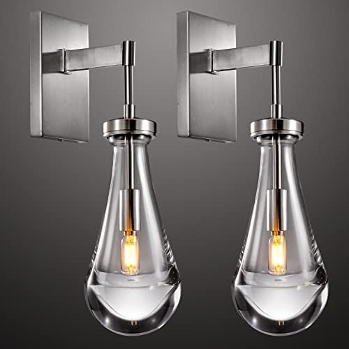 Joyunleo Nickel Wall Sconces Set of Two, Raindrop Glass Sconces Wall Lighting Bathroom Vanity Light Wall Lamp for Living Room, Wall Light Fixtures for Bedroom, Bulb Included