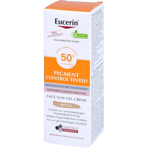 Eucerin Sun Pigment Control Tinted Medium SPF 50+ 50 ml, Crema solare viso 50+ colorata con filtri UVA/UVB, Protezione solare viso 50+ antimacchia per tutti i tipi di pelle