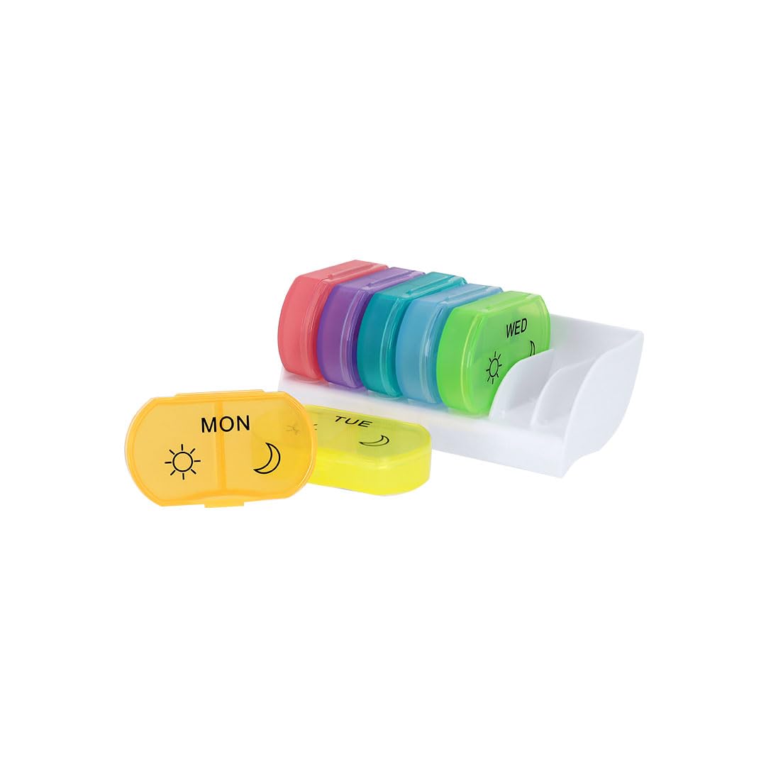 NK Pastillero Semanal 7 días – 7 Cajas de Colores con Doble Compartimento (14 en total), Iniciales de los Días, Tapa Segura, Caja de Pastillas con Formato Compacto, Ideal para Medicación Diaria