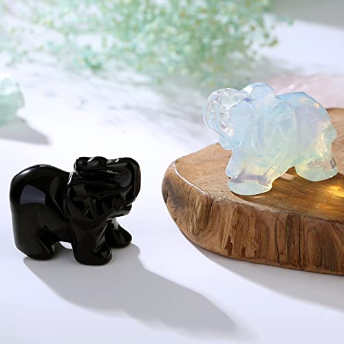 DUQGUHO 2 Pcs Crystal Elephant Decor Black Obsidian Opal Elephant Crystal Statue Natural Healing Crystal Stones Cute Crystal Home Office Desk Decor Elephant Figurine Decoration Crystal Gifts 1.5\"