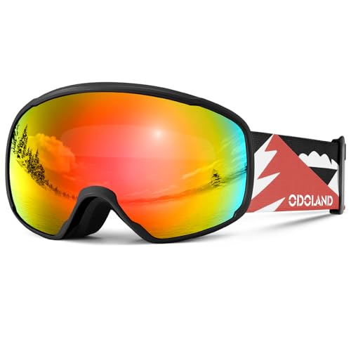 Odoland Kids Ski Goggles, Snowboard Goggles for Youth Skiing Age 8-16, Snow Goggles S2 Double Lens Anti-Fog UV400 Protection, Black Frame red Lens vlt 25%