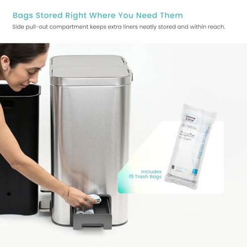 Image of Home Zone Living 13 Gallon Kitchen Trash Can with Dual Compartments | Stainless Steel with Soft-Close Step Pedal Lids for Recycling and Bag Storage Drawer, Rectangular Design, Silver