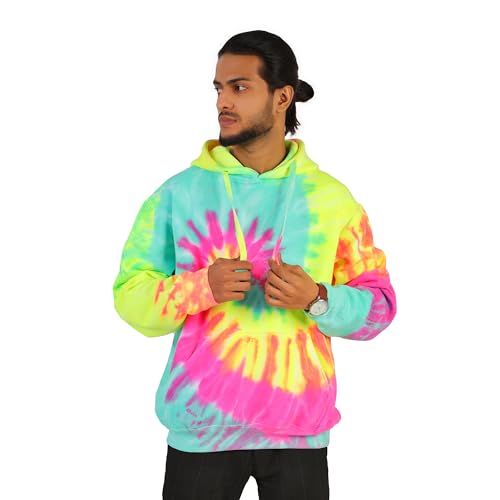 Men's Tie-Dye Hooded Sweatshirt - Pullover Style Hoodie, Aqua Neon Rainbow2
