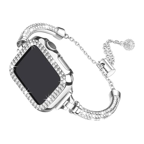 Secbolt Bling Band and Case Compatible with Apple Watch Bands 40mm, Women Dressy Metal Bracelet with Rhinestone Bumper for iWatch SE Series 6/5/4, Silver Cover