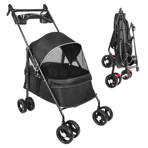 Cochecito para perro de 4 ruedas con tirantes, cochecito para mascotas de tamaño pequeño y mediano, carrito de viaje plegable para mascotas, 50 x 70 x 95 cm, color negro