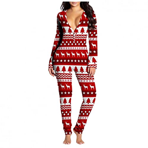 Meichang Pajamas for Women,Womens Christmas Sexy Butt Flap Onesie Jumpsuit Deep V Neck Pjs Long Sleeve Xmas Print Nightwear