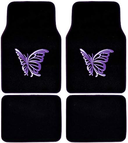 BDK Purple White Butterfly Design Carpet Car Floor Mats for Auto Van Truck SUV-4 Pieces Front & Rear Full Set with Rubber Backing-Universal Fit (MT-509-PP)