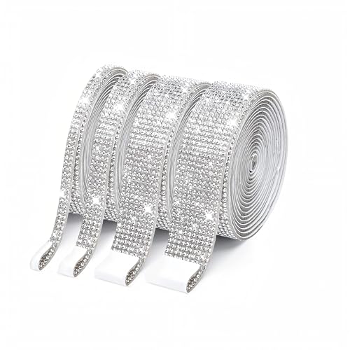 4 Rouleaux Ruban Strass Autocollant Argenté Bande Diamant Cristal Auto-Adhésif pour DIY Décoration Voiture Mariage Artisanat, Rouleau Strass à Coller sur...