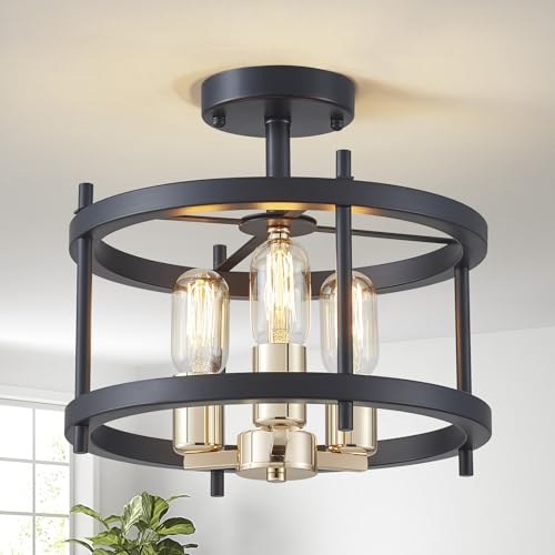 Image of Saint Mossi Industrial Black Ceiling Light with Gold Accents, 3-Light Semi Flush Mount Ceiling Light Fixture, Modern Vintage E27 Chandelier for Living Room, Bedroom, Kitchen, Hallway, Ø33cm