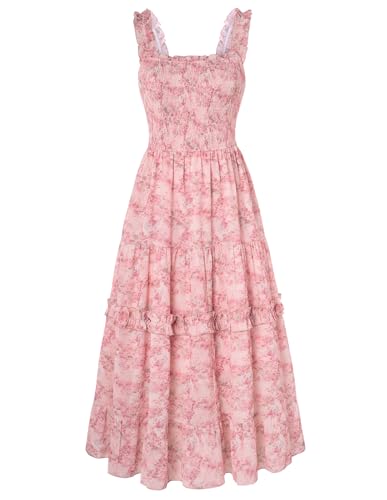 Damen Renaissance Kleid Gesmokt Midi Blumenkleid Spaghetti Träge Cottagecore Kleid Grau Rosa M