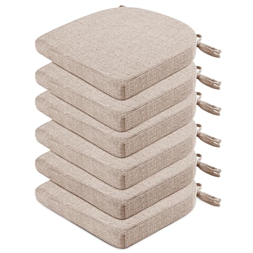 Image of Wellsin Chair Cushions for Dining Chairs 6 Pack - Kitchen Chair Cushions with Ties and Non-Slip Backing - Dining Chair Pads 16 inchX16 inchX2 inch, Oatmeal Beige