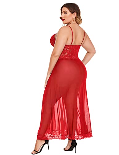 Image of Avidlove Plus Size Lingerie for Curvy Women Long Lace Babydoll Nightdress | V neck sheer mesh nightgown,g-string included,high side slits,adjustable straps,curve-flattering fit,maternity photoshoot