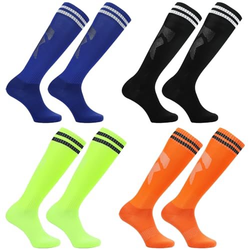 ATBUSS 4 Pares de Calcetines de Fútbol para Niños, Deportivos por Encima de la Rodilla, Elásticos de Entrenamiento, Neutros, para 5-12 Años (Azul)