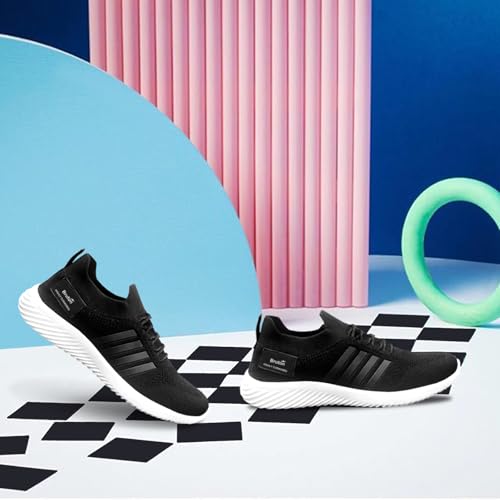 Image of BRUTON Men's Running Shoes | Lightweight Sports Shoes for Walking, Gym, Training Breathable Mesh Lace-Up Sneakers | Black