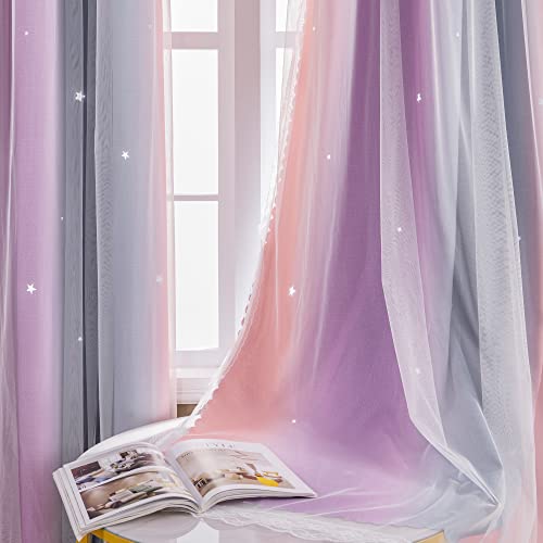 XiDi Dream Star Blackout Curtains for Kids Rooms Girl Princess Curtain for Daughter Bedroom Window (Grey Pink Purple, W34 X L84)