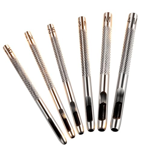 6 PCS Hollow Leather Punch Set 1.5mm-4mm (1/16-5/32) Carbon Steel Hole Punch Tools for Belts Watch Straps Leather Craft - with Knurled Grip & Size Markings