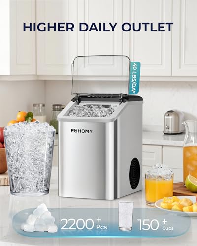 Image of EUHOMY Nugget Ice Maker Countertop, Max 40lbs /Day, Auto-Cleaning, 2Qt Reservoir, Compact Sonic Ice Maker with 2.5lbs Basket and Scoop, Soft Chewable Nugget Ice for Home /Party /RV /Camping (Stainless)