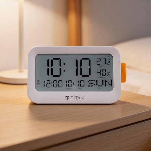 Image of Titan Digital Alarm Clock with LCD Display, Day Date Month Temperature & Humidity, Model T0006PD01 | 14 cm x 7.8 cm x 6 cm