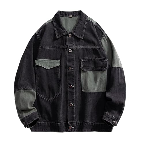 GURUNVANI Patchwork Denim Jacket Mens Oversized Jean Coat Button Down Outwear Tops