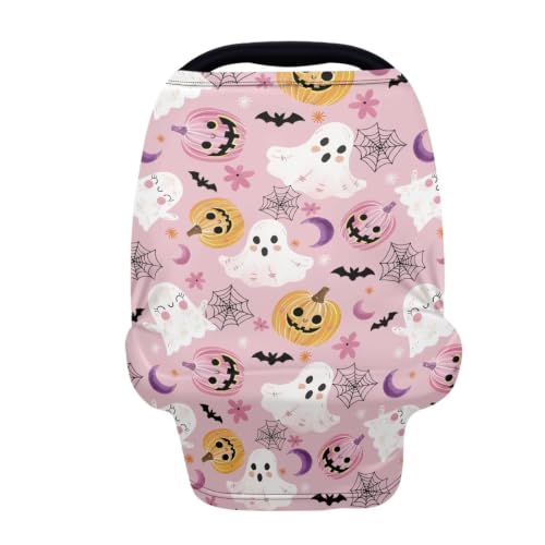 Image of Wanyint Baby Car Seat Covers Nursing Cover Carseat Canopy Baby Breastfeeding Cover Multi-Use Nursing Scarf Infant Stroller Cover Halloween Decor, Cute Ghost Pumpkin Flower Pink