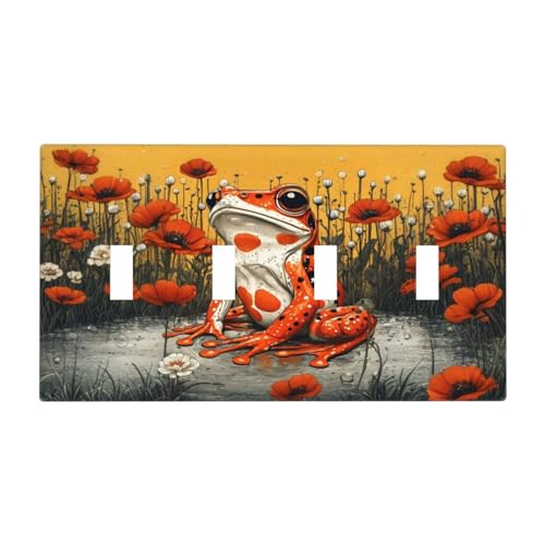 Decorative Light Switch Cover Plate Big Orange Frog Red Floral Wildflower 4 Gang Wall Plate Oversized Quad Toggle Switch Cover Plate Jumbo Faceplate for Home Decor