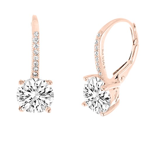 Rose Gold Plated Sterling Silver Round Cubic Zirconia Drop Fancy Bridal Leverback Earring (Rose Gold) Bridal Party Gift 