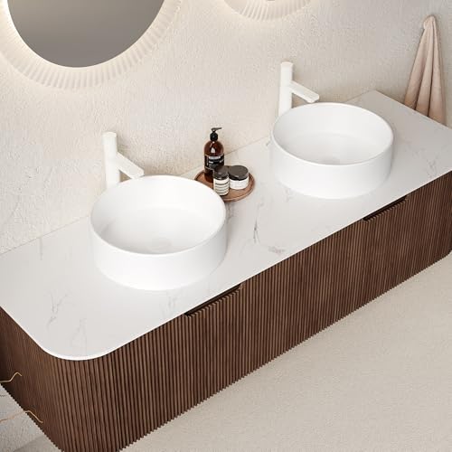 Image of KEIKI 60 inch Floating Bathroom Vanity with Sink, Double Basin Wall Vanity Cabinet with Curved Edges, 2 Soft-Close Drawers, Pre-Assembled Bathroom Storage Vanity, Walnut