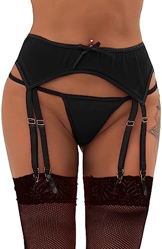 ohmydear Sexy Plus Size Garter Belts for Women Blcak Thigh Highs Mesh Lingerie Panties with 8 Metal Clips for Stocking 3XL-4XL