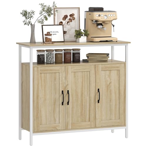 HOMCOM Aparador, armario de almacenamiento con 3 puertas, compartimento abierto y 4 estantes ajustables, marco de metal, estilo industrial, aparador comedor, cocina y salón, 100 x 35 x 88 cm, madera